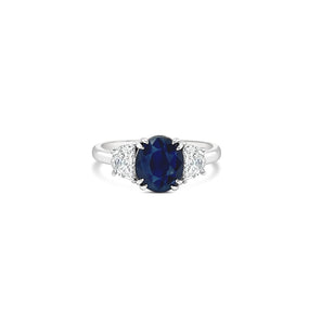 Oval Sapphire Half Moon Diamonds 3 Stone Ring